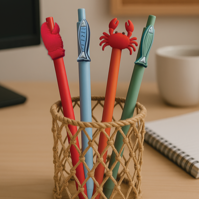 Four colorful pens with ocean animal-shaped tips (lobster, crab and two fish) in a woven holder on a desk. 