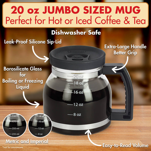 Specifications on coffee pot coffee mug -- 20oz jumbo sized mug for hot or iced drinks, dishwasher safe, leak-proof silicone sip lid, large handle, borosilicate glass, metric and imperial, not safe for microwave