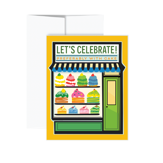 Greeting card with cake shop illustration and 'Let's Celebrate!' text on a white background