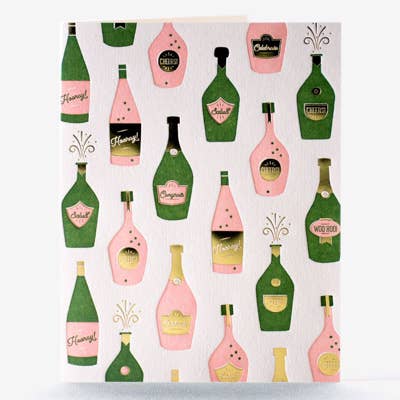 Greeting card with different champagne bottles on it in green, pink, gold and black ink 