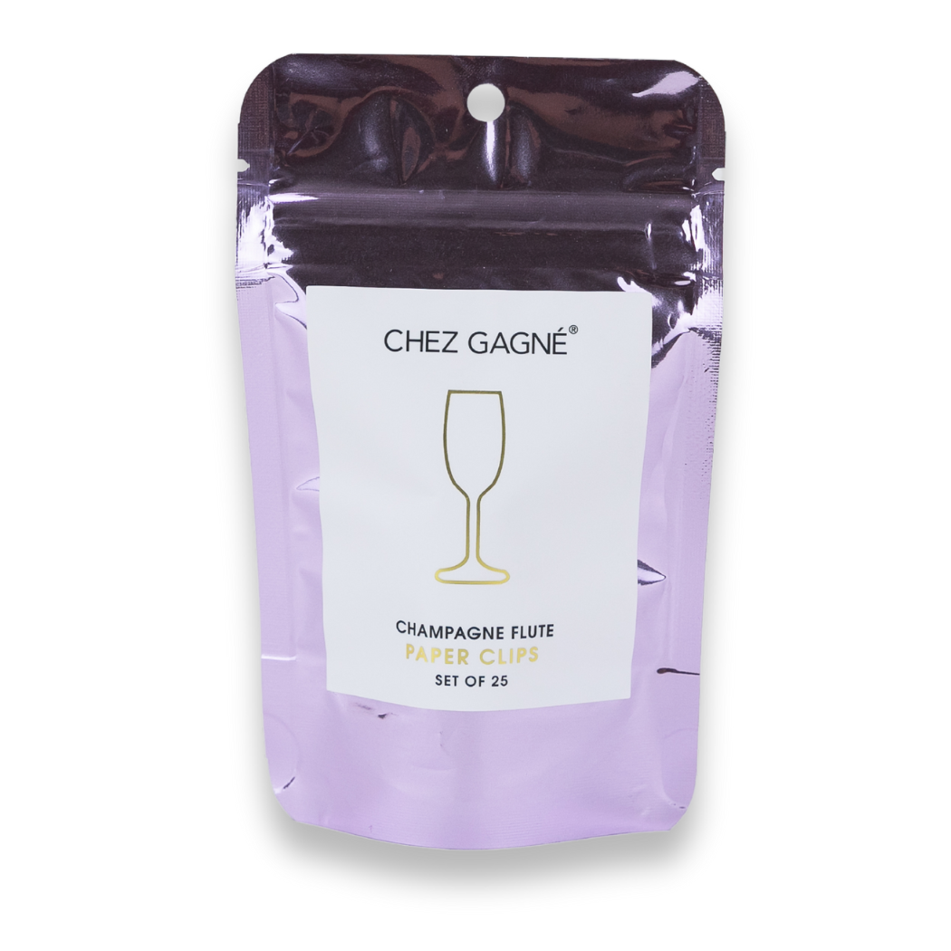 Purple packaging of Chez Gagne champagne flutes paper clips with a white label on a white background