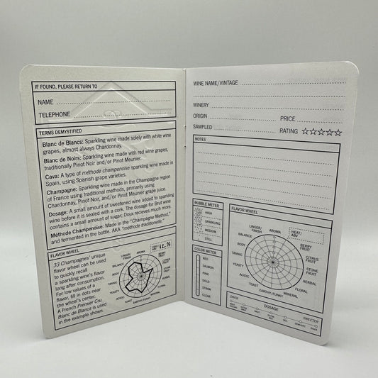 Interior of Champagne booklet showing terms, flavor wheel, and detailed note taking page.