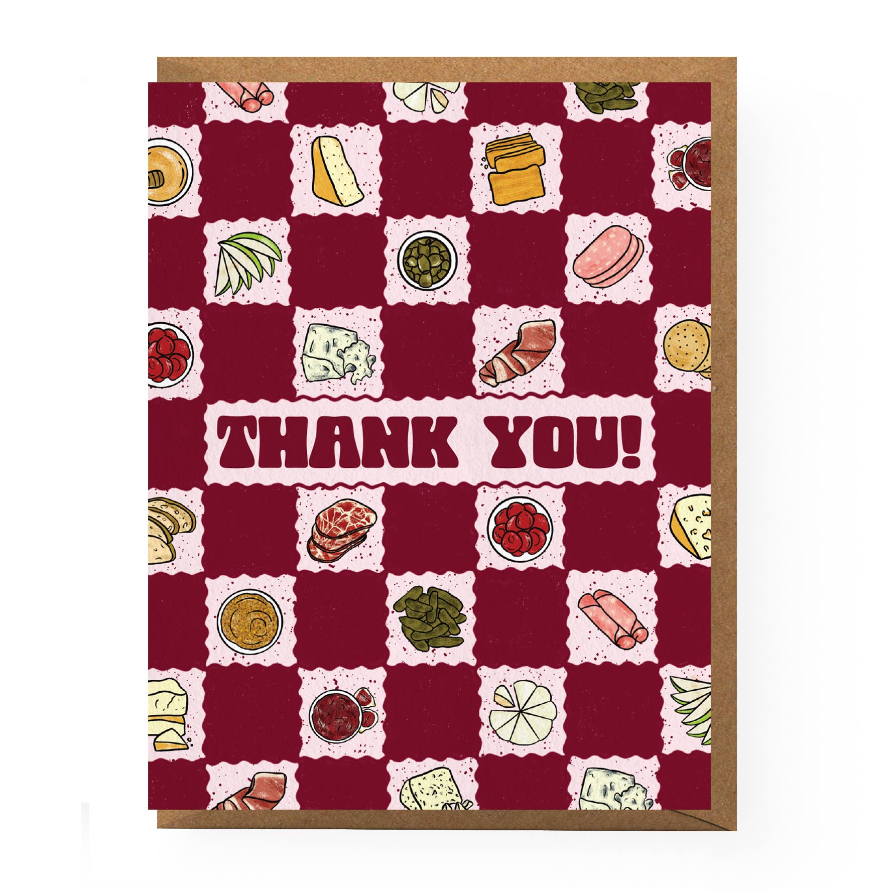 Greeting card with charcuterie board food item illustrations and 'Thank you!' text on a red checkerboard patterned background