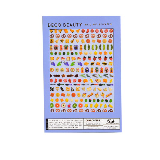 Packaging of Deco Beauty nail art stickers with various charcuterie-themed designs on a blue background.