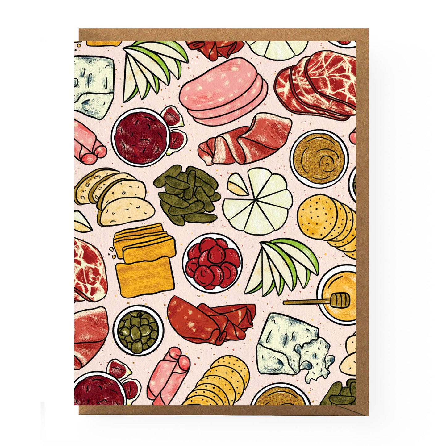 Blank patterned card features an illustrated pattern of cheese and charcuterie.