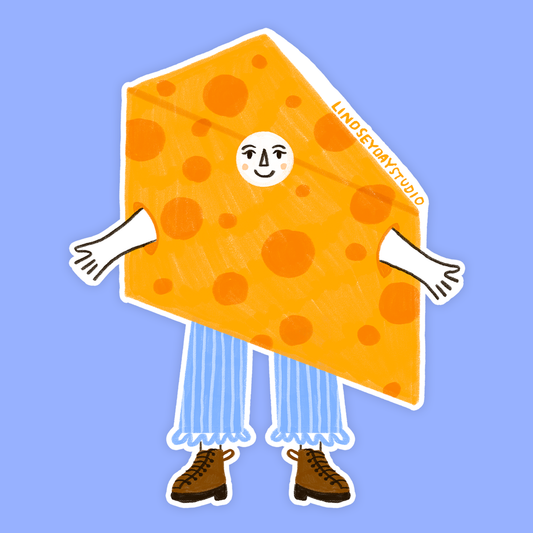 A whimsical die-cut illustration of a cheese character with a smiling face, orange holes, white arms, blue-and-white striped pants, and brown shoes, shown on a solid light blue background.