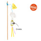 Cat toy with a stick and colorful cheese and bird-like figure on a white background, featuring an organic catnip logo.