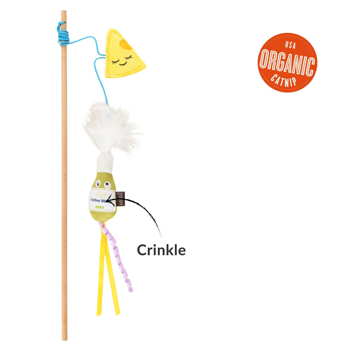 Cat toy with a stick and colorful cheese and bird-like figure on a white background, featuring an organic catnip logo.