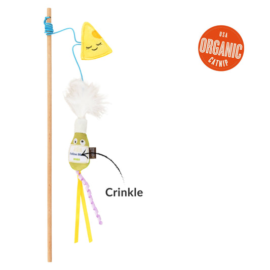Cat toy with a stick and colorful cheese and bird-like figure on a white background, featuring an organic catnip logo.