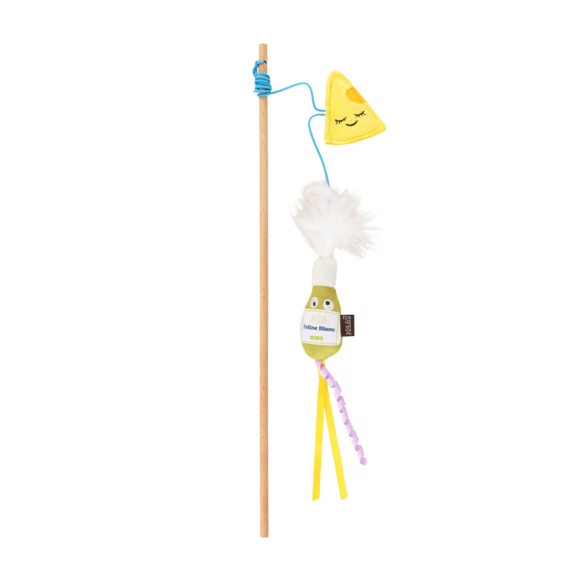 Toy figure on a stick with a small yellow  cheese character on top against a white background
