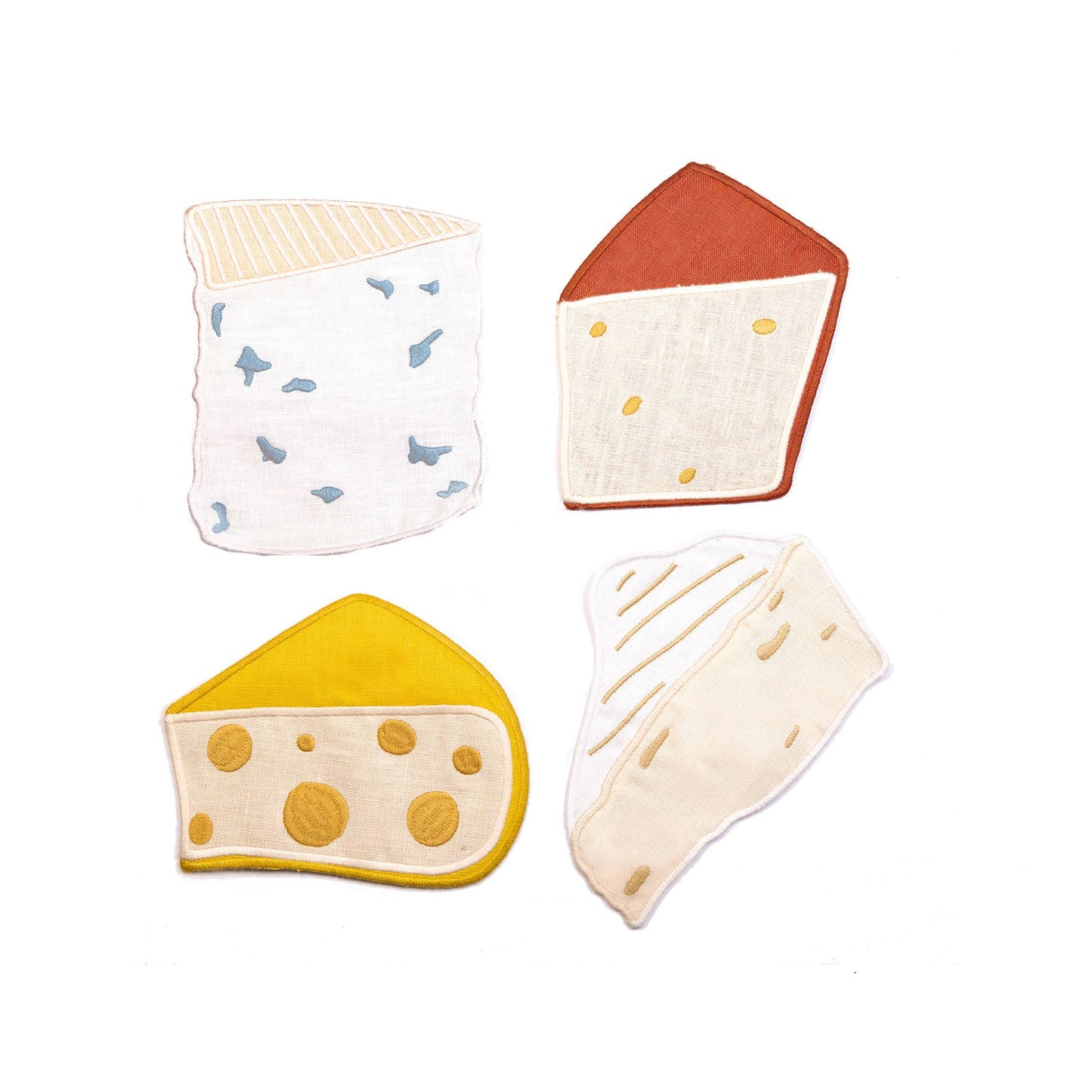 Four cheese-shaped cloth cocktail napkins on a white background