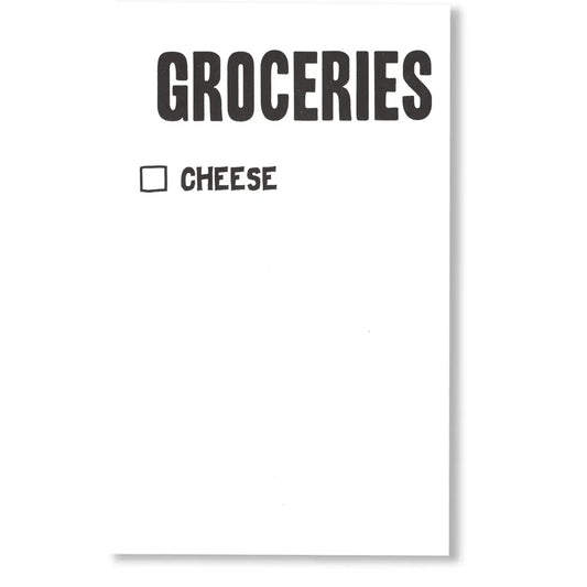 Notepad with 'Groceries' and 'Cheese' checkboxes on a white background