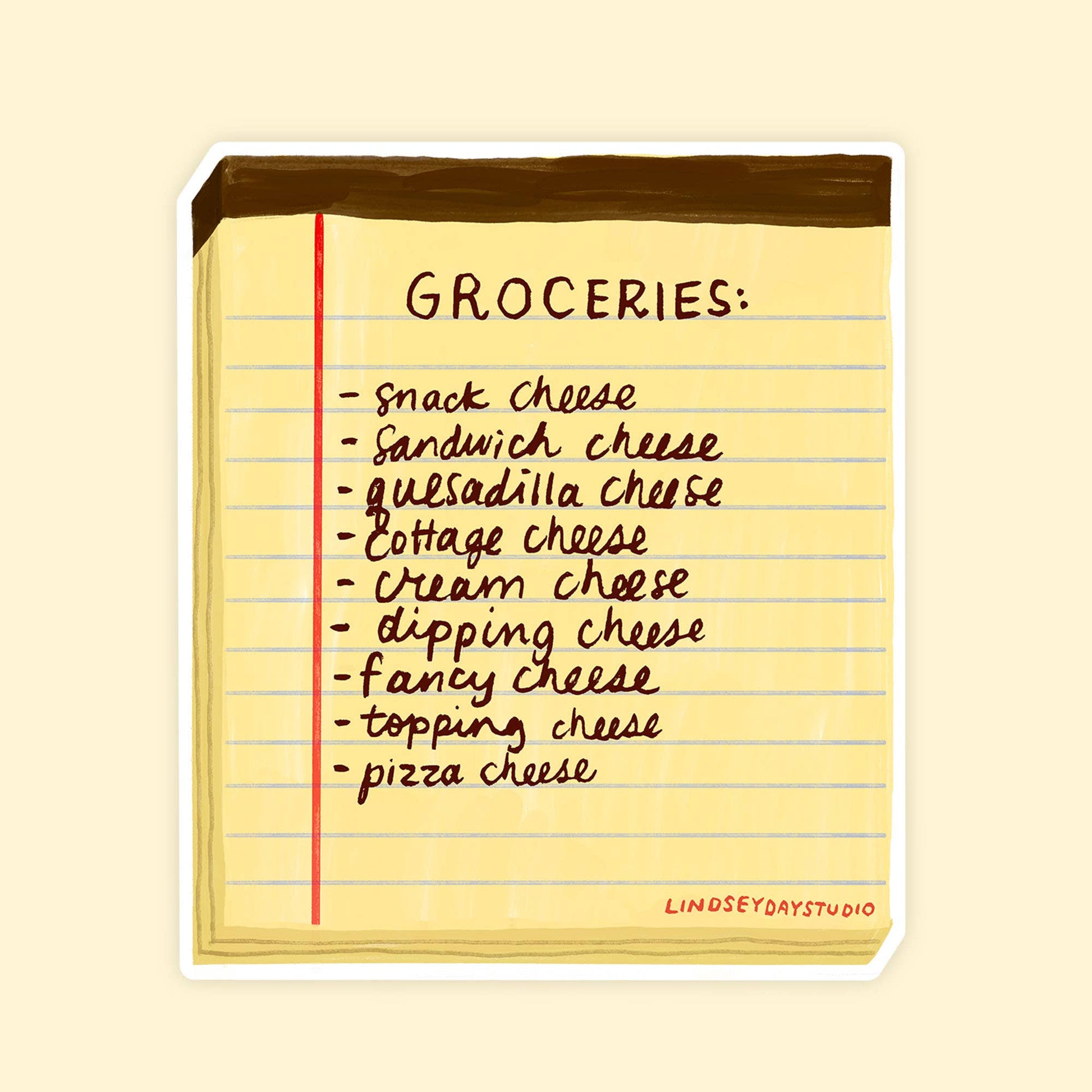 Sticker that looks like a yellow notepad with a list of cheese types on a beige background