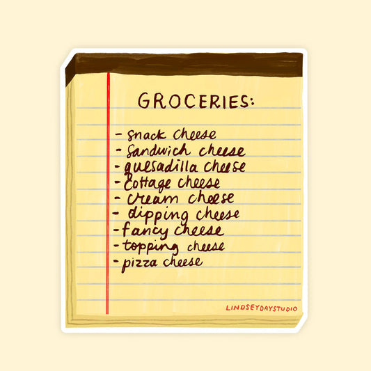 Sticker that looks like a yellow notepad with a list of cheese types on a beige background