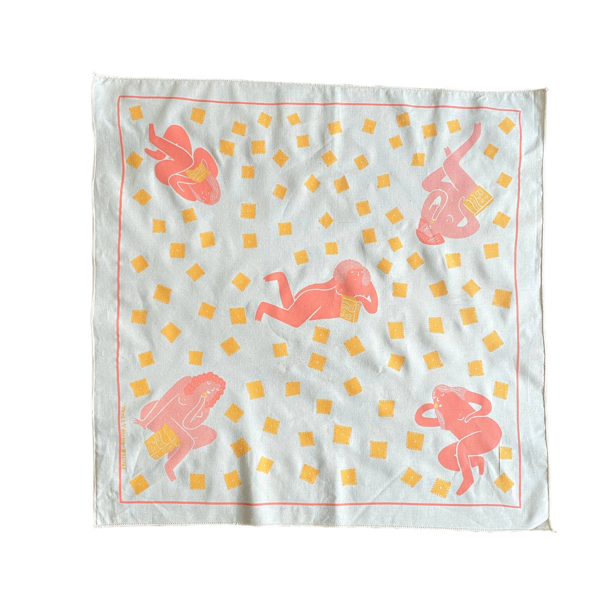 Square scarf with pink nude bodies eating cheez its pattern on a white background