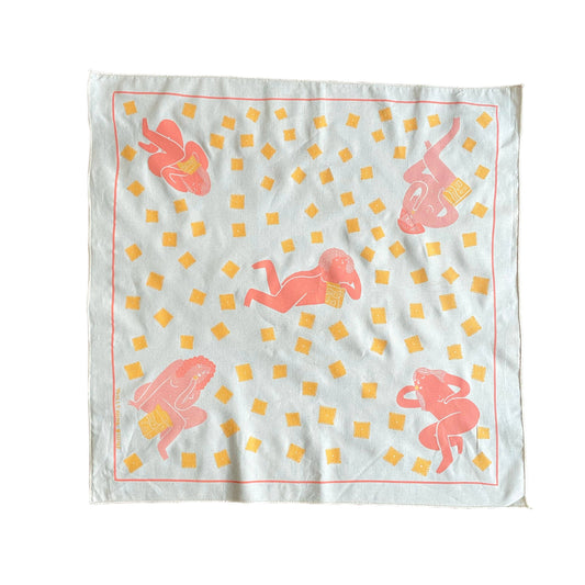 Square scarf with pink nude bodies eating cheez its pattern on a white background
