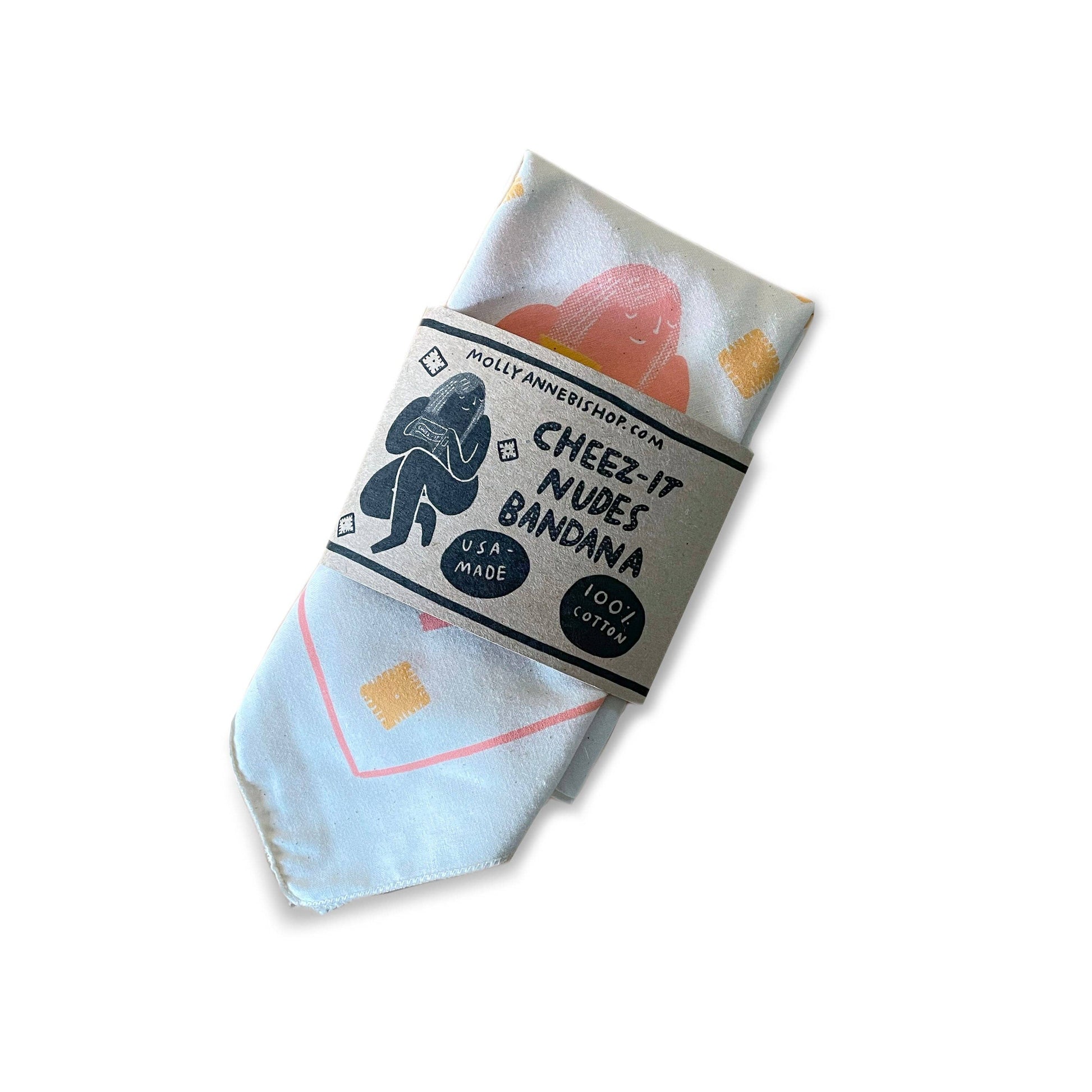Packaged bandana with a colorful design on a white background