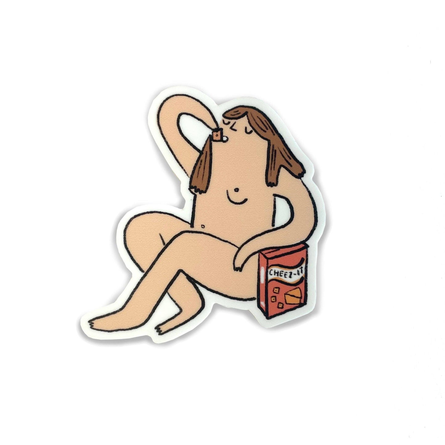 Nude cartoon character holding a box of Cheez-It crackers on a white background