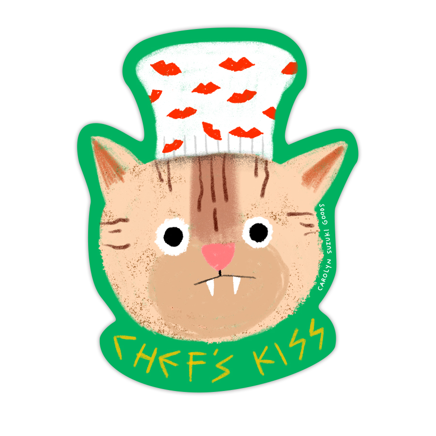 sticker of a cat with fangs wearing a white chef's hat with red lips on it and text at the bottom that reads "Chef's Kiss" 