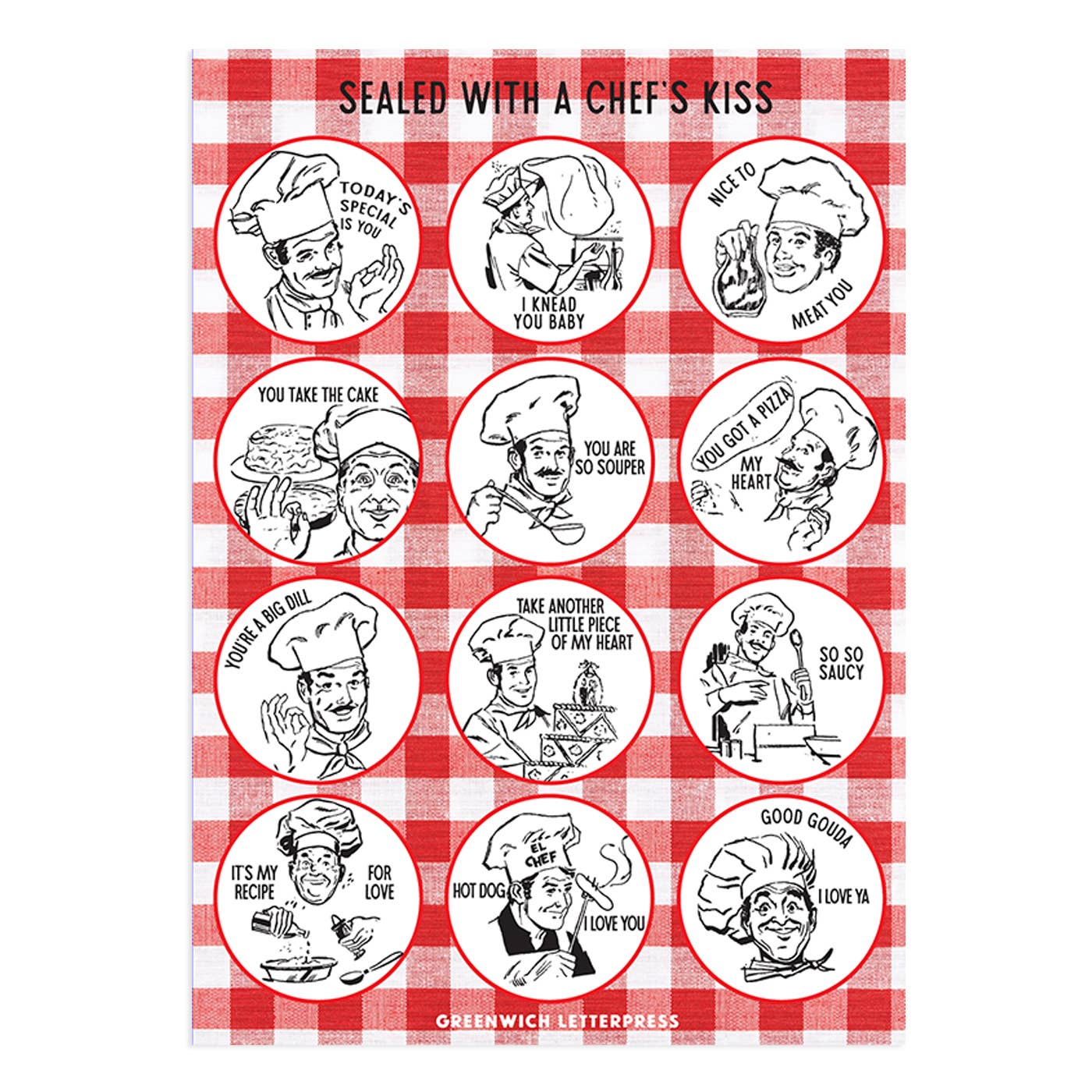 sticker sheet with black and white illustrations of chefs making different things on a red and white checkered background.