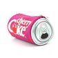 Pink cherry Coke can-shaped pouch on a white background