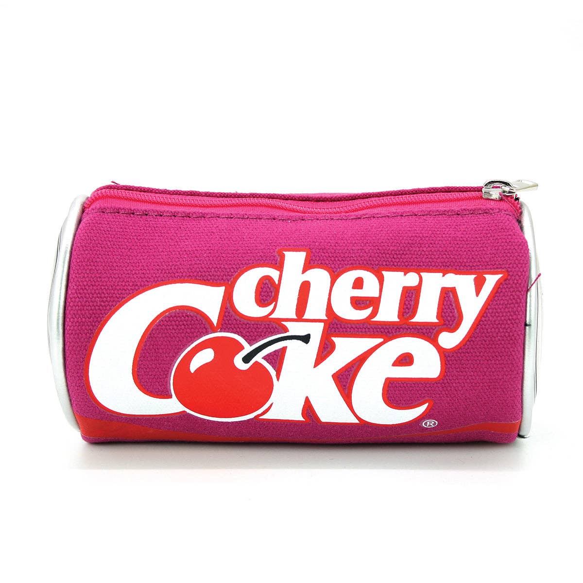 Pink pencil case with 'cherry Coke' logo on a white background