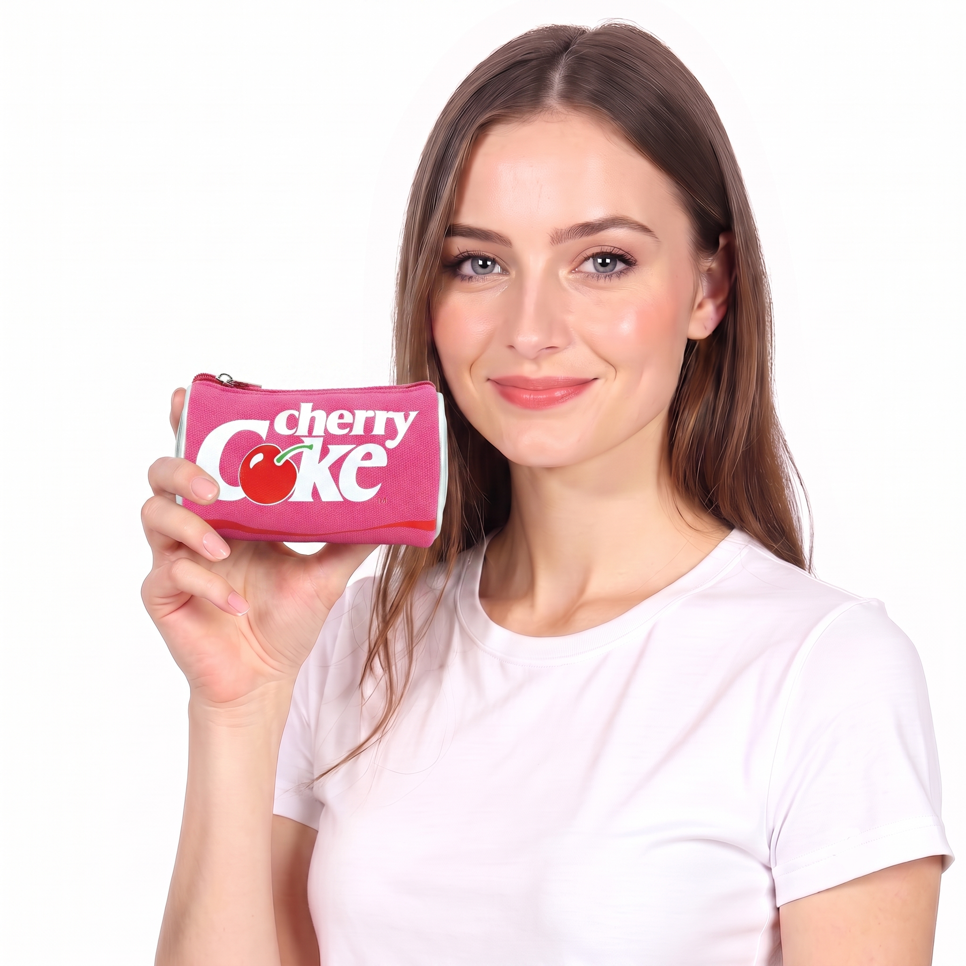 A woman holding a small pink zippered pouch with the 'cherry Coke' logo, shown against a plain white background.