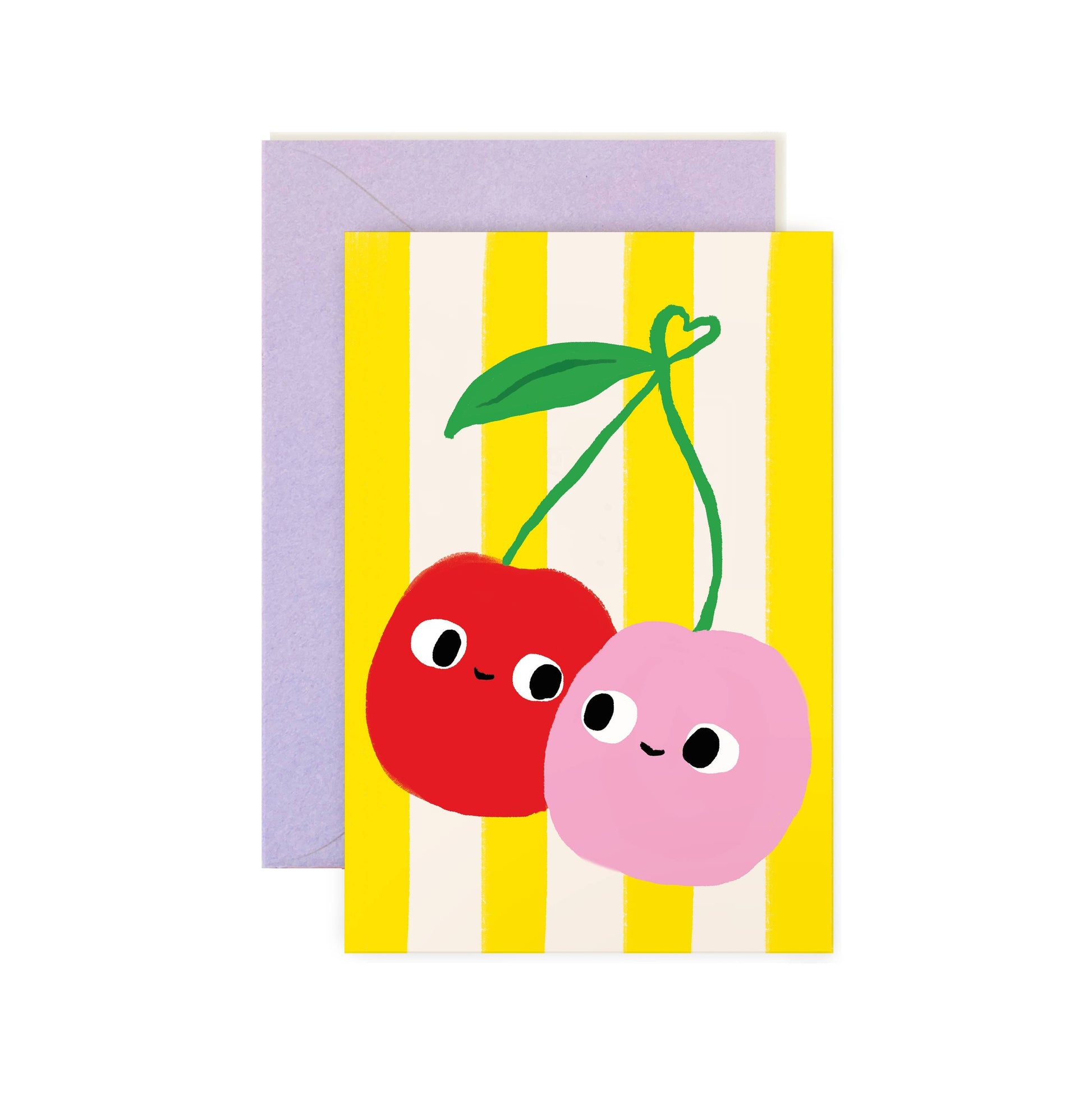 Greeting card with two smiling cherries on a yellow and white striped background