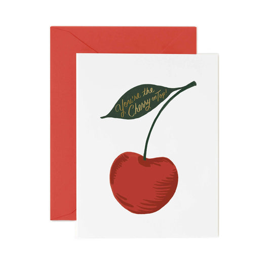 Card with a red cherry illustration and text that says "you're the cherry on top!" on a white background
