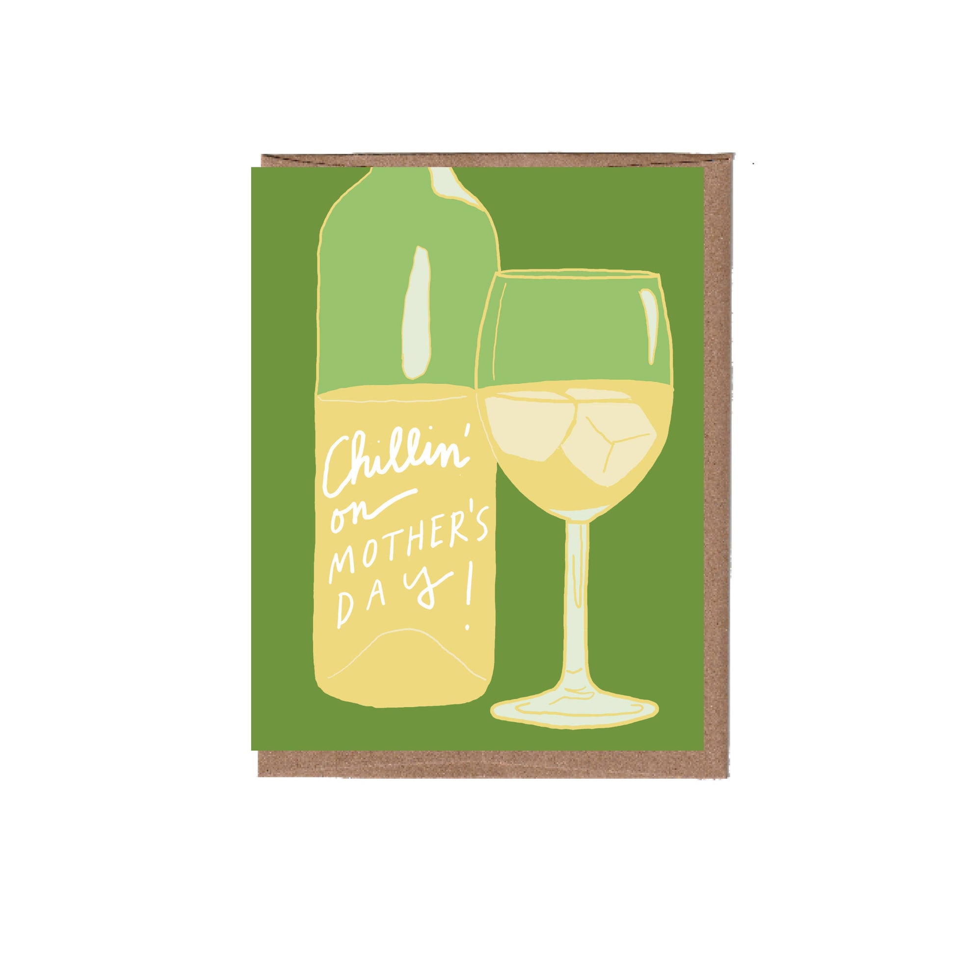 Card with illustration of a bottle and glass of white wine on a green background