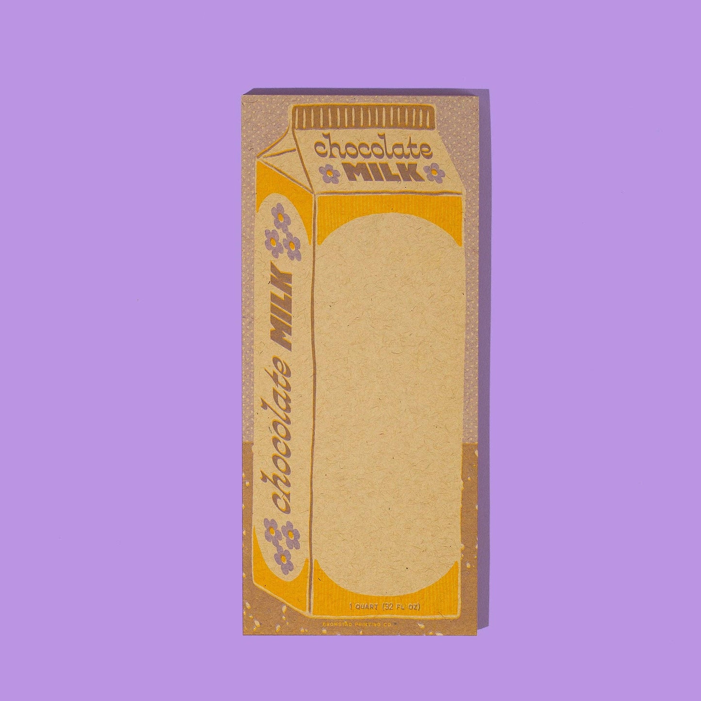 Notepad designed to look like a chocolate milk carton pictured on a purple background
