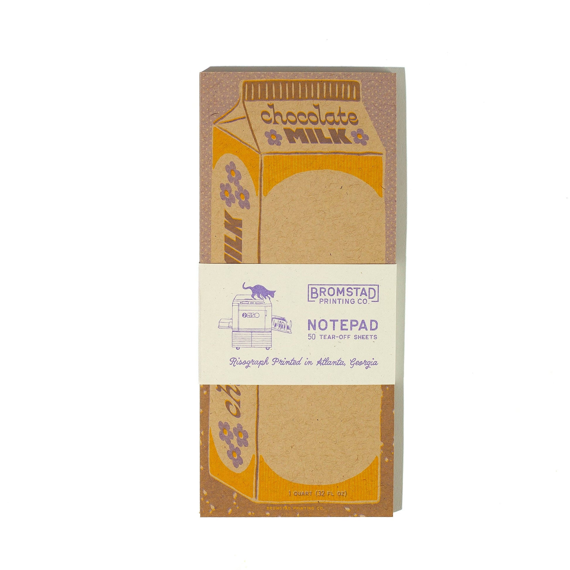 Notepad designed to look like a chocolate milk carton with paper band packaging pictured on a white background