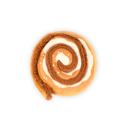 cinnamon roll plush dog toy on a white background