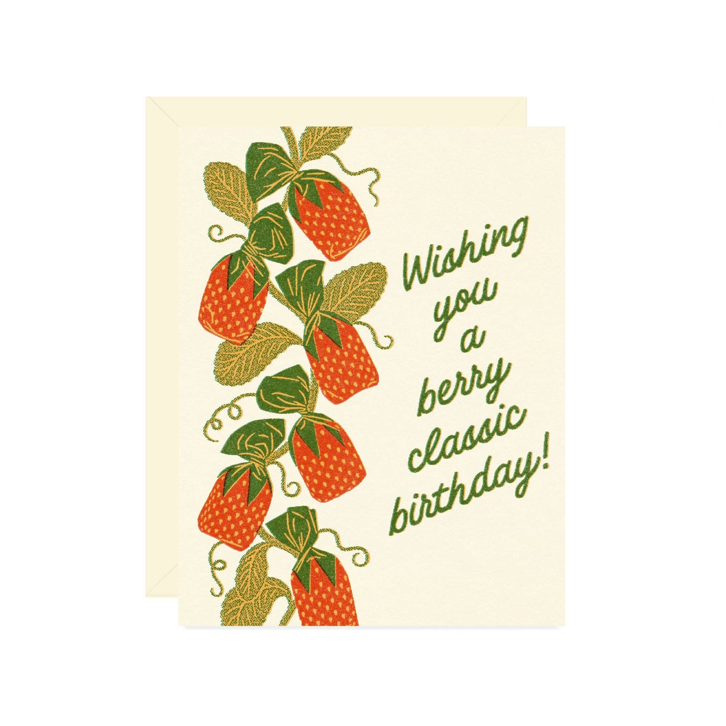 Greeting card with strawberry candy design and text on a white background