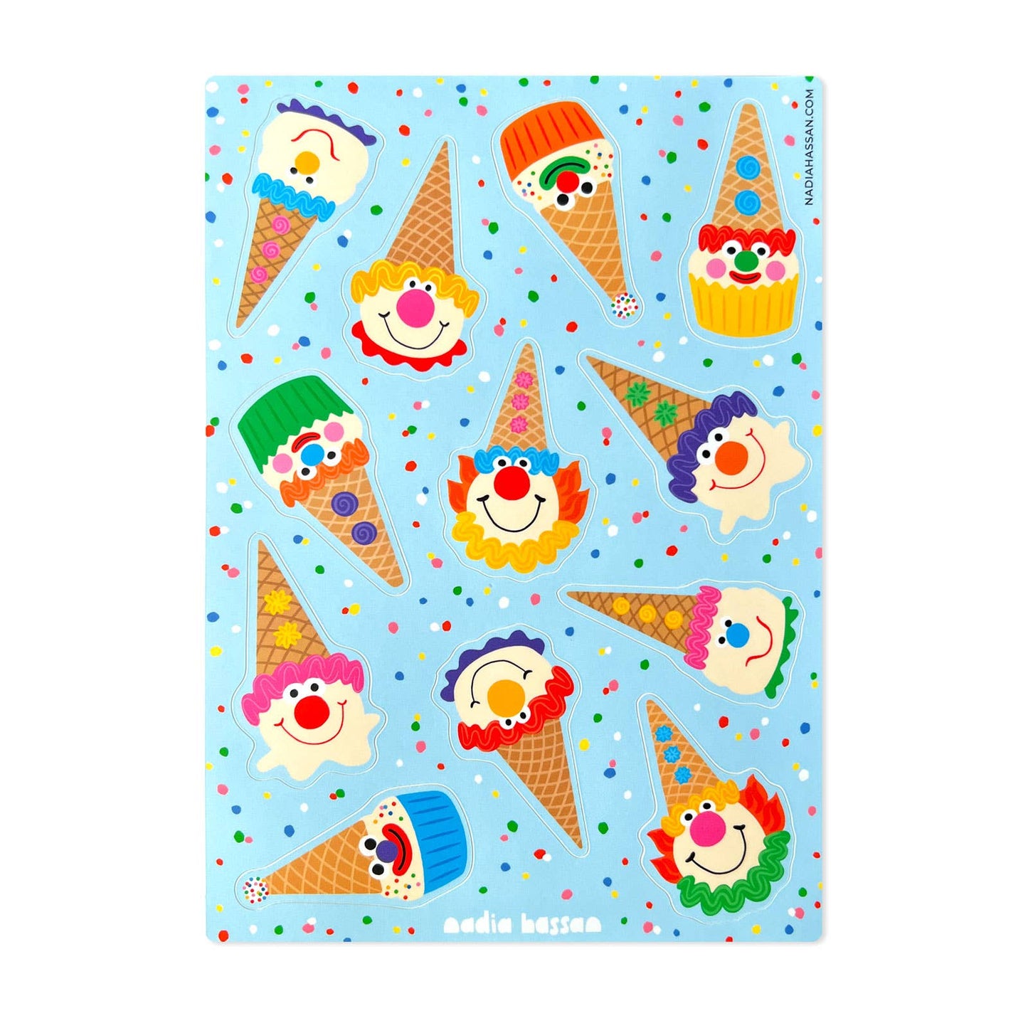 Colorful ice cream cone-shaped clown faces on a blue background with polka dots.