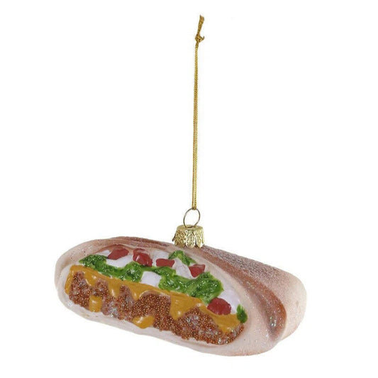 Decorative Christmas ornament that looks like a Taco Bell Crunchwrap on a white background.