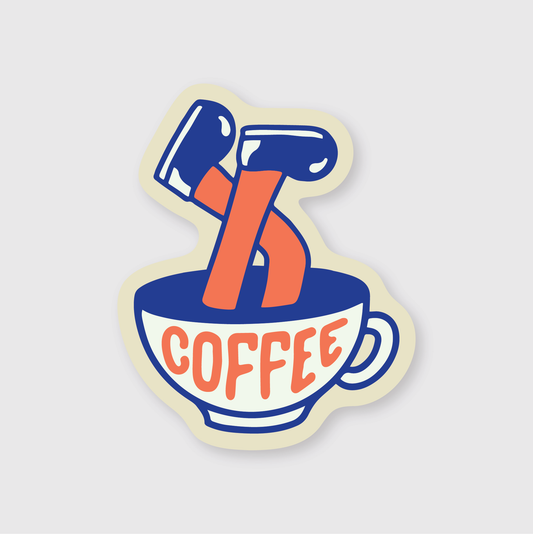 Sticker of a coffee cup with a mallet on a light gray background