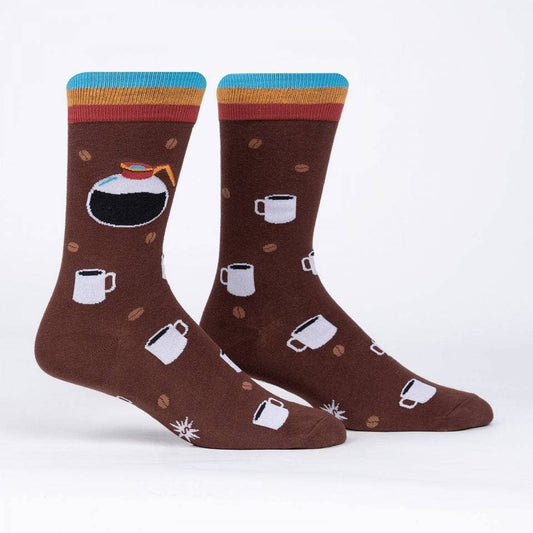 Brown socks with coffee-themed design on a white background