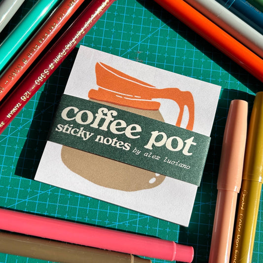 Sticky note pad with an old school diner coffee pot design on it 
