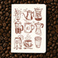 Notebook with coffee-themed illustrations on a bed of coffee beans