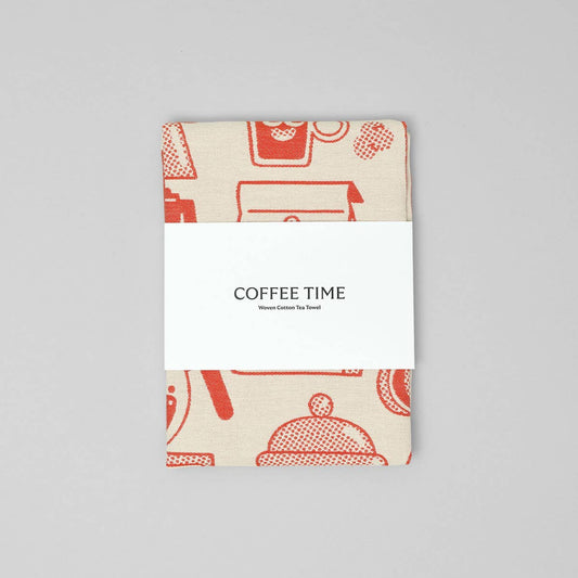 Kitchen towel with red coffee-themed design on a gray background