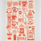 Kitchen towel with red coffee-themed illustrations on a beige background