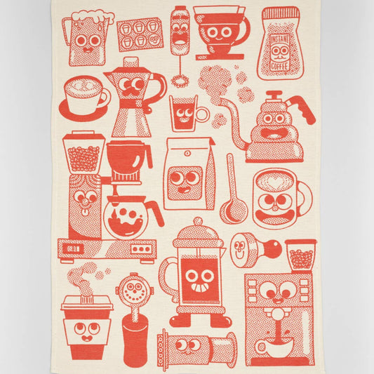 Kitchen towel with red coffee-themed illustrations on a beige background