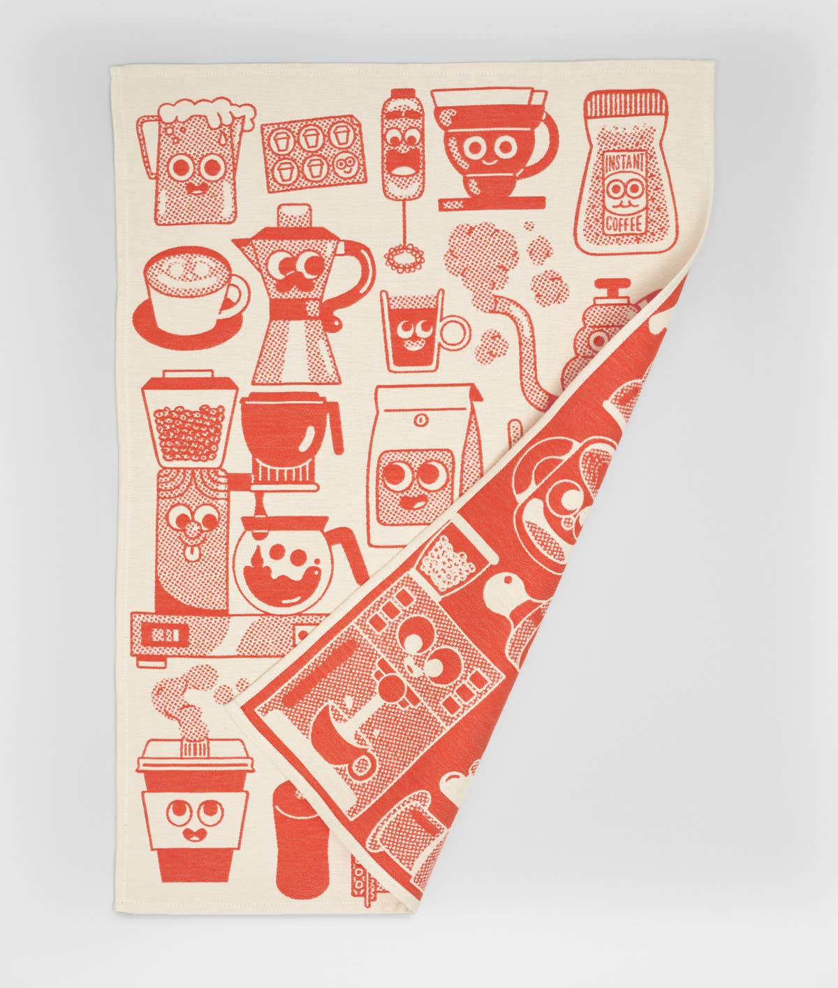 Tea towel with red coffee-themed illustrations on a white background