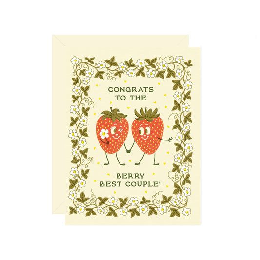 Greeting card with cartoon strawberries holding hands and floral border on a beige background