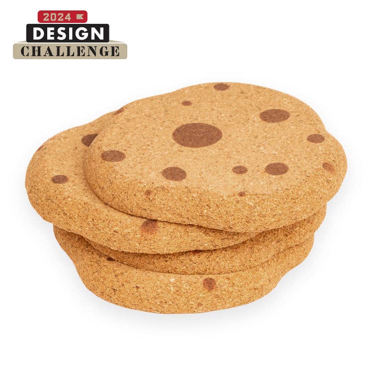 Stack of cork coasters that look like chocolate chip cookies on a white background