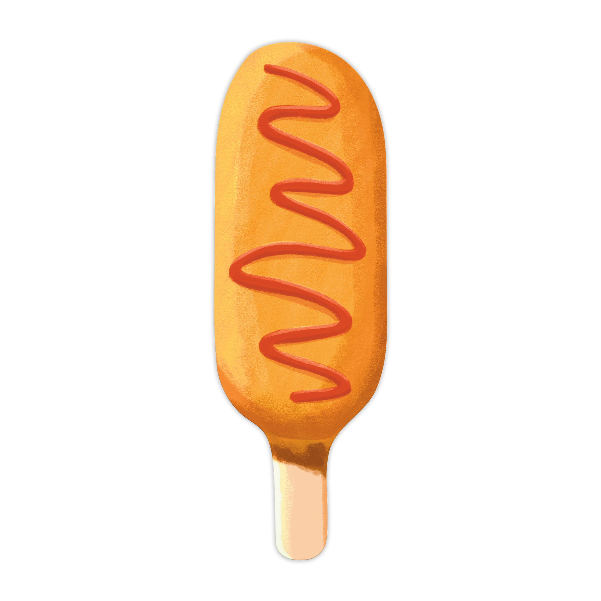 Corn dog-shaped bookmark with a wavy line of ketchup on a white background