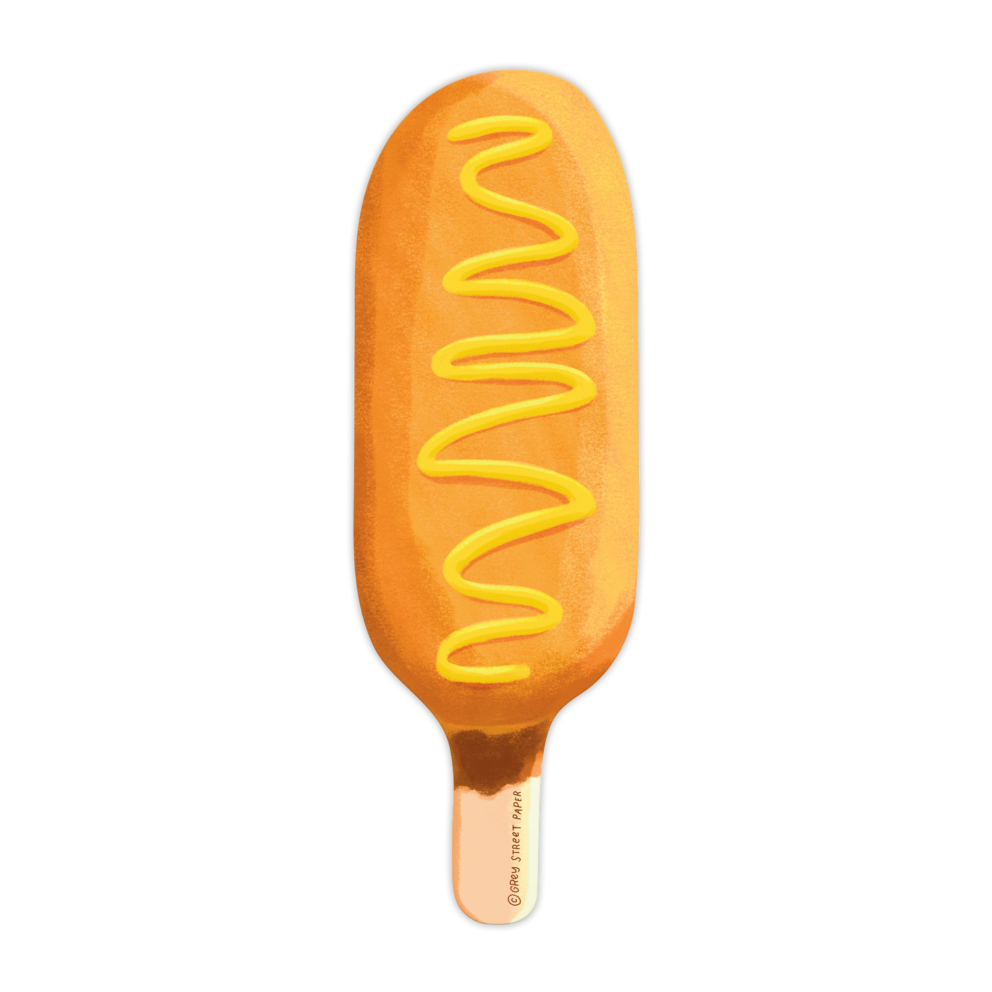 Illustration of a corn dog with mustard on a white background
