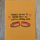 mustard colored card with text in the center that reads "There's no one I'd rather split my Costco hotdog with" and an image with a split hotdog