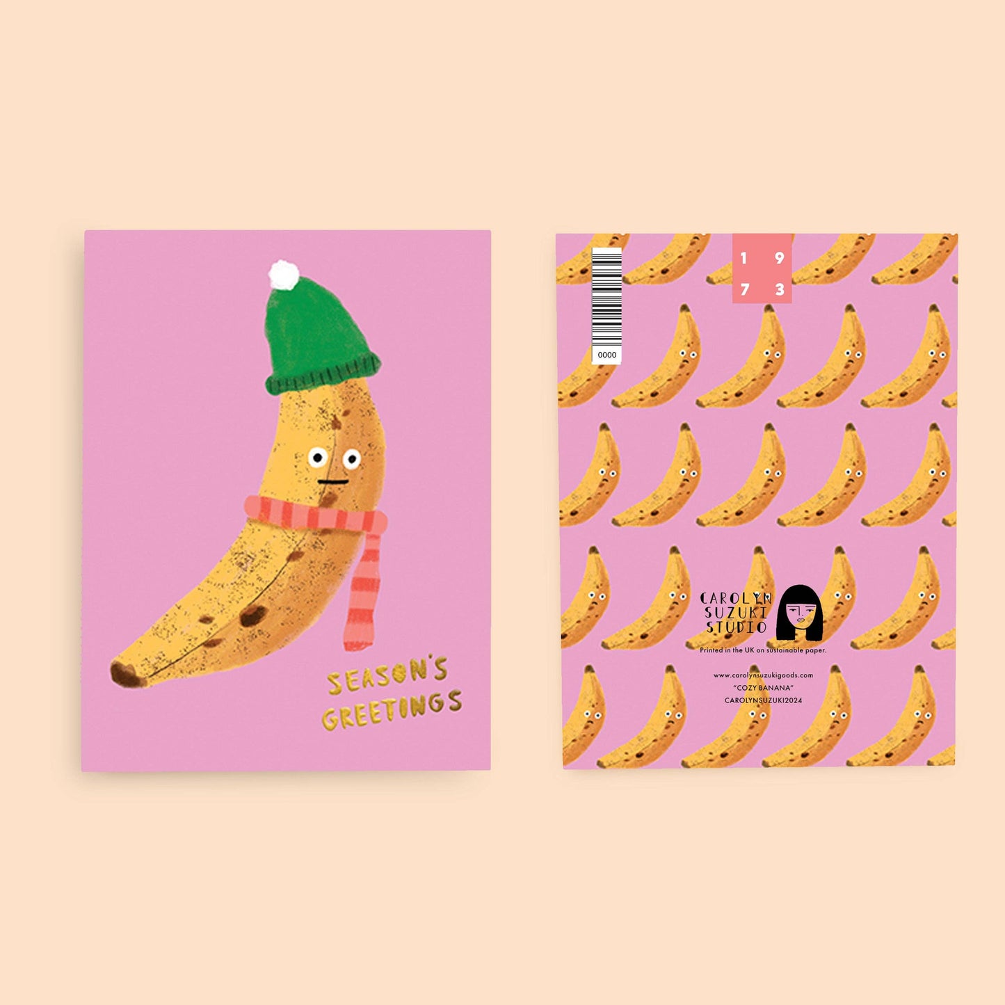 Back and front of cozy banana card 